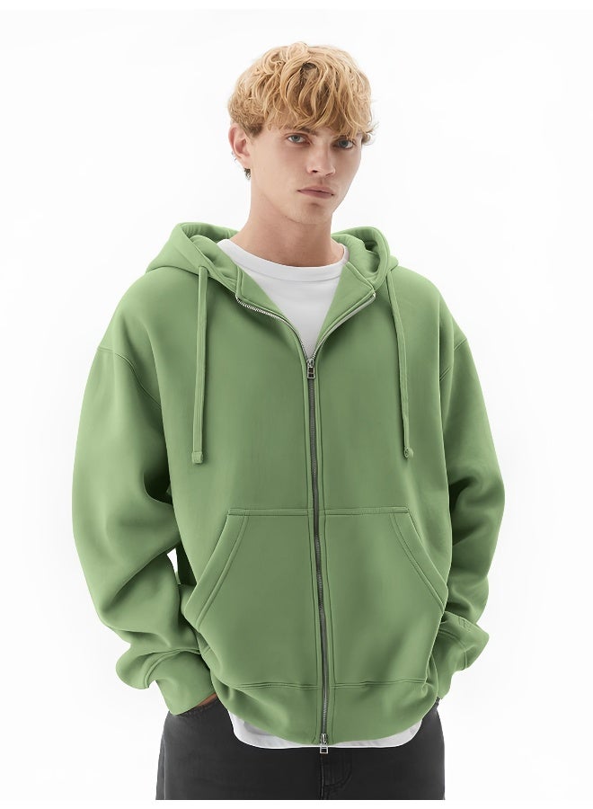 Maniac Mens Solid Hooded Neck Full Sleeve Full Zipper Open Hunter Green French Terry Loose fit Sweatshirt - Image 3