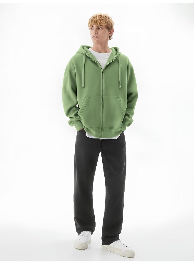 Maniac Mens Solid Hooded Neck Full Sleeve Full Zipper Open Hunter Green French Terry Loose fit Sweatshirt - Image 5