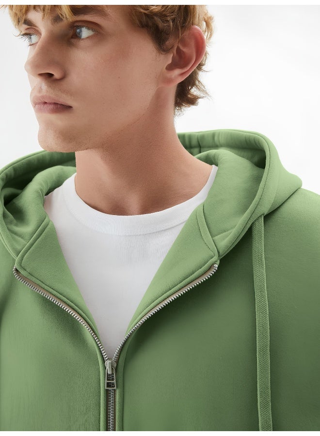 Maniac Mens Solid Hooded Neck Full Sleeve Full Zipper Open Hunter Green French Terry Loose fit Sweatshirt - Image 2