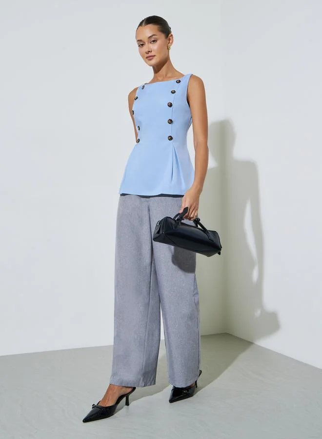 Styli Light Blue Button Details Sleeveless Peplum Blouse