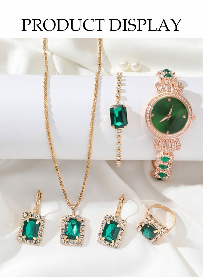 DUNISO 5 Pcs Ladies Watch Set, Green Jade Quartz Watch Set，Ladies Steel Strap Quartz Watch, High End Ladies Watch Set,With Rings, Watches, Necklaces, Earrings, Bracelets，Suitable For Daily Use ， Gatherings, Dates, And Events  - Image 5