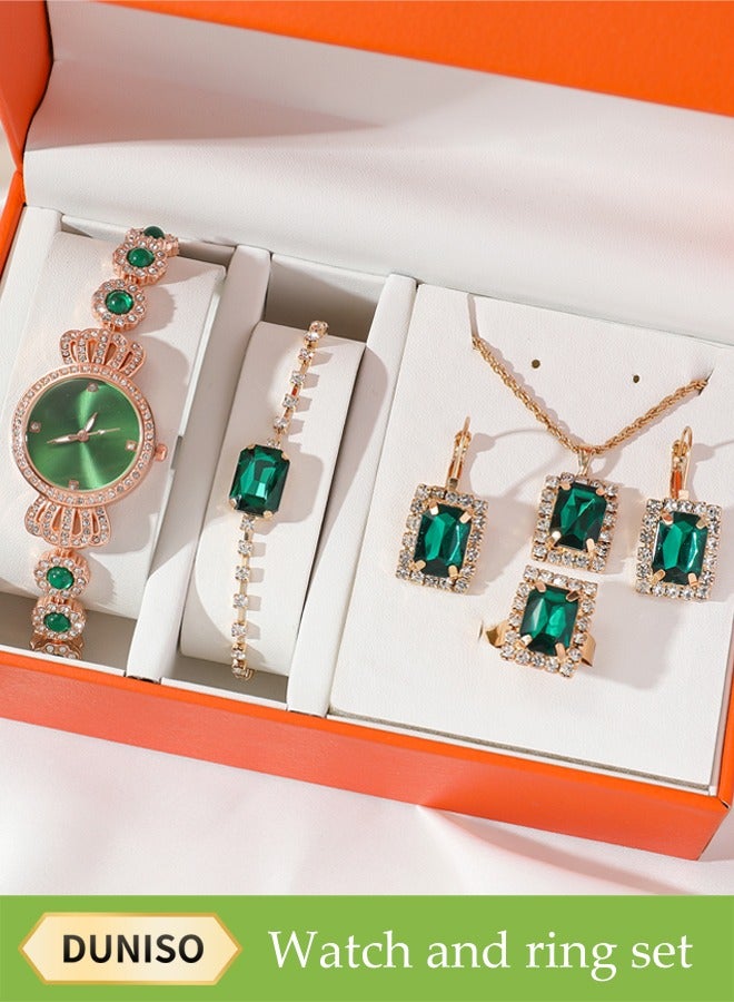 5 Pcs Ladies Watch Set, Green Jade Quartz Watch Set,Ladies Steel Strap Quartz Watch, High End Ladies Watch Set,With Rings, Watches, Necklaces, Earrings, Bracelets,Suitable For Daily Use , Gatherings, Dates, And Events