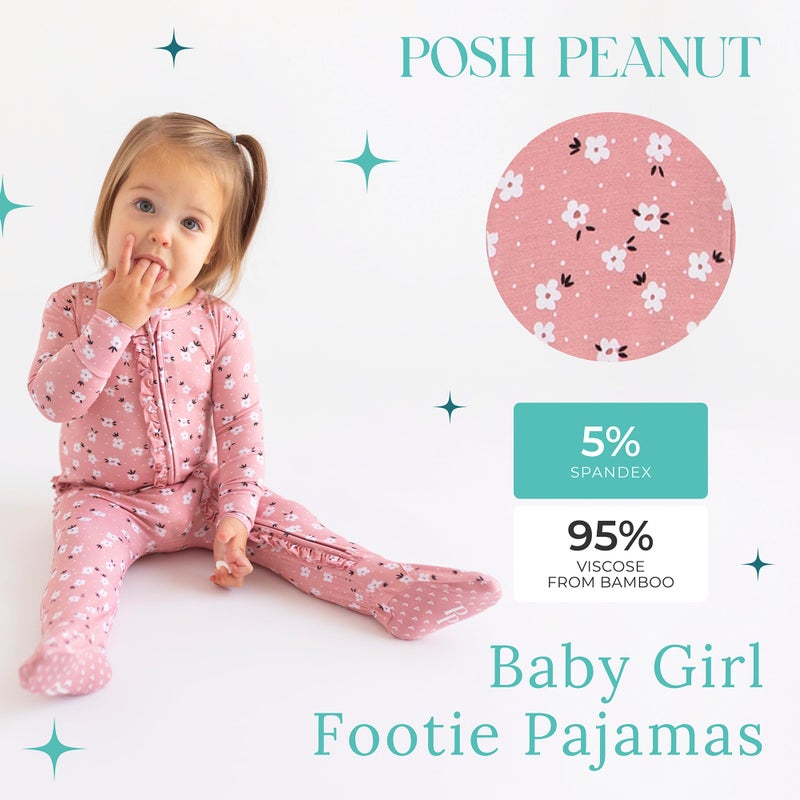 Posh Peanut Footie Pajamas for Baby Girls â€“ Sleepers in Ultra-Soft Viscose from Bamboo with 2-Way Zipper & Ruffle Trim â€“ Newborn to Toddler Sleepwear (Emmilene, 0-3 Months) - Image 2