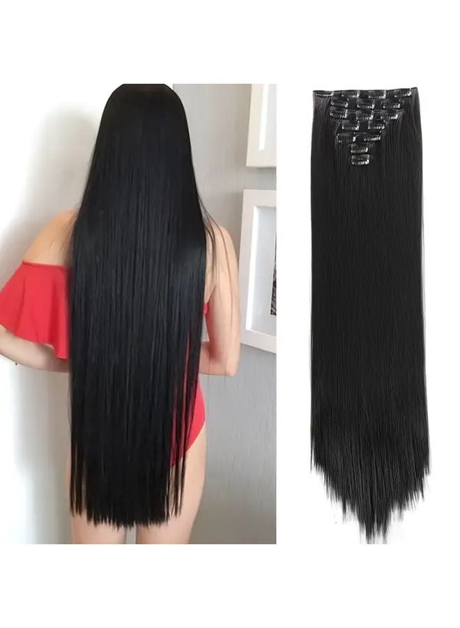 7 قطعة من خصلات الشعر الاصطناعية للنساء، طويلة ومستقيمة 30 بوصة، مشابك شعر سوداء داكنة - Image 2