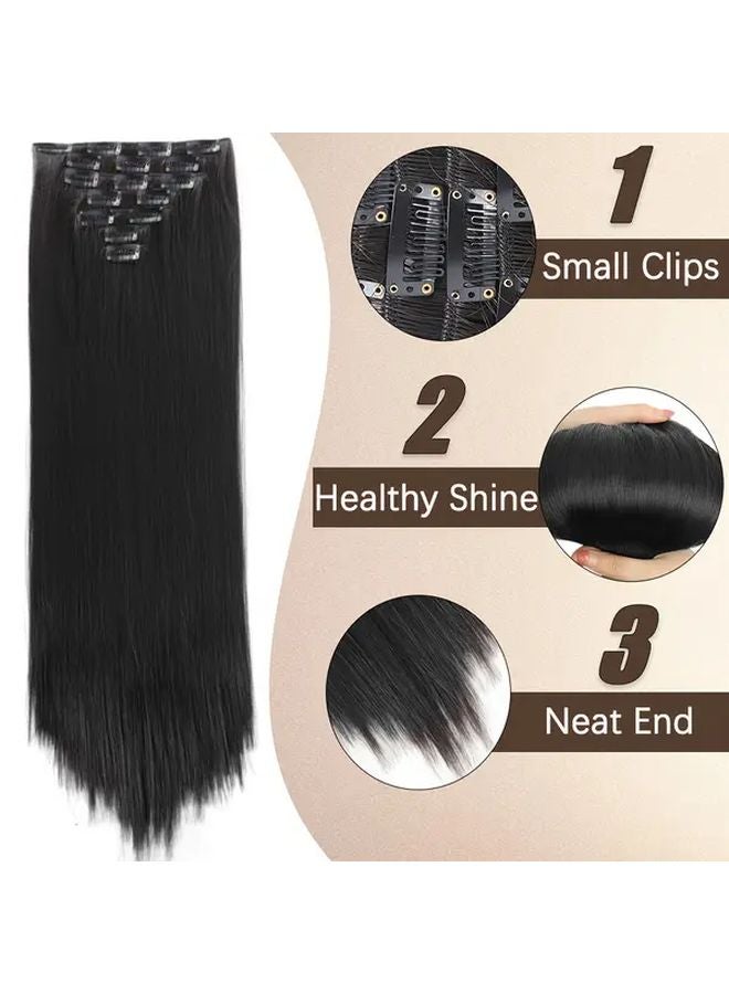 7 قطعة من خصلات الشعر الاصطناعية للنساء، طويلة ومستقيمة 30 بوصة، مشابك شعر سوداء داكنة - Image 3