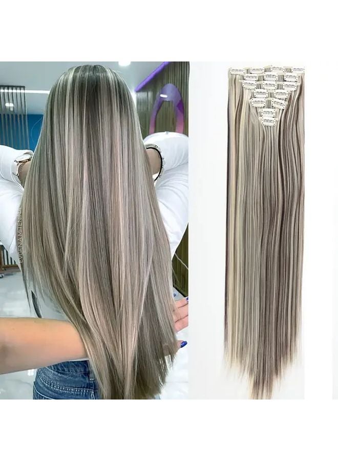 7 قطعة من خصلات الشعر الاصطناعية للنساء، طويلة ومستقيمة 30 بوصة، مشابك شعر سوداء داكنة - Image 1