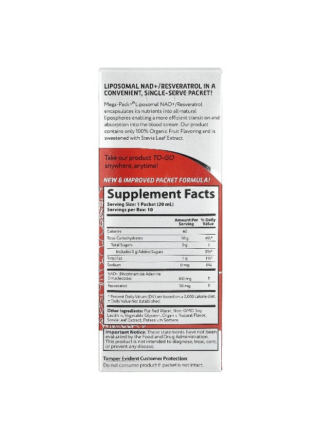 Aurora Nutrascience - Aurora Nutrascience, Mega-Pack+®, Liposomal NAD +/ Resveratrol, 10 Packets, 0.68 fl oz (20 ml) Each - Image 1