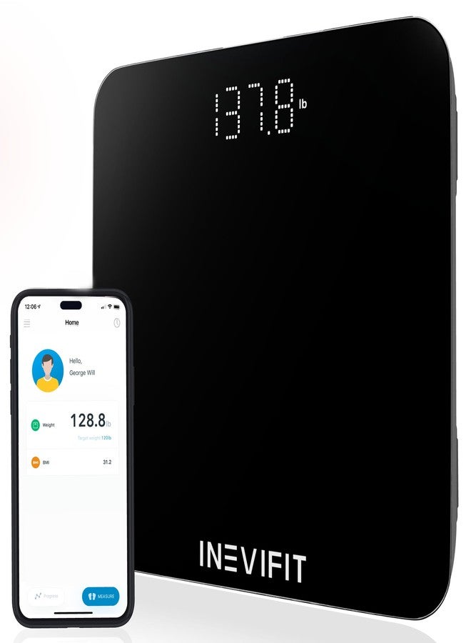 إنيفي فيت ميزان الحمام الذكي INEVIFIT، ميزان رقمي عالي الدقة يعمل بتقنية البلوتوث لقياس وزن الجسم، يقيس الوزن ومؤشر كتلة الجسم بدقة لعدد غير محدود من المستخدمين (أسود-صغير) - Image 1