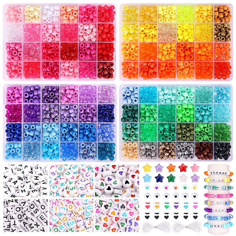 QUEFE 96 Colors 3000pcs Pony Beads Bracelet Making Kit Friendship Bracelet Kit Rainbow Kandi Beads with Letter and Heart Beads Elastic Threads for Jewelry Necklace Making - Image 1