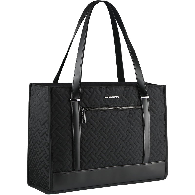 EMPSIGN Laptop Tote bag for women 16 Inch, Stylish Computer Shoulder Tote Bag for Work, Large Capacity Quilted Laptop Briefcase, Waterproof Women Business Office Bag, Quilted Black - Image 1