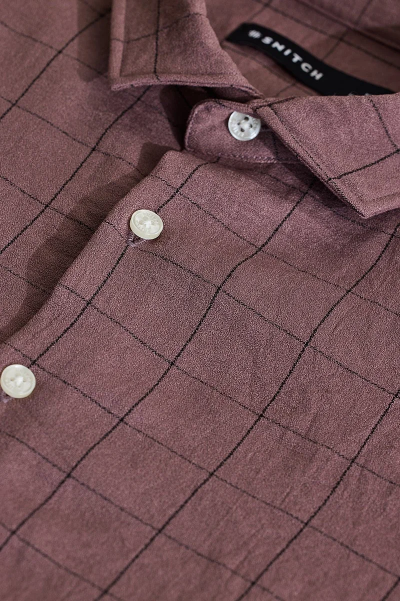 سنيتش Rich Mauve Checkered Long Sleeve Slim Fit Shirt