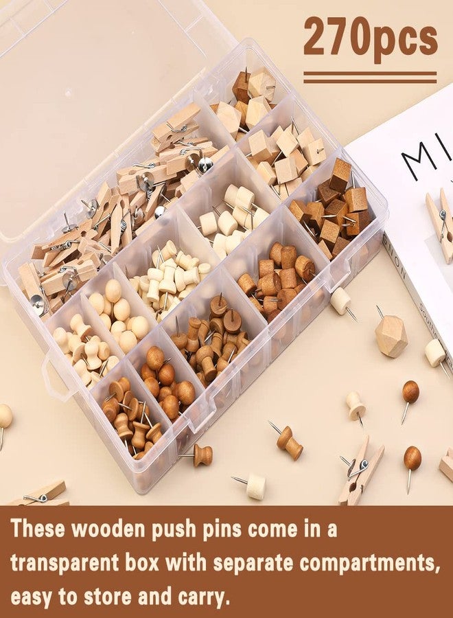 IMZAY 270 Pcs Wood Push Pins, 2 Colors and 7 Types Decorative Thumb Tacks Wooden Head Pin Marking Pin, Wood Thumb Tacks Decorative for Bulletin Boards Craft Projects with Storage Box - Image 3