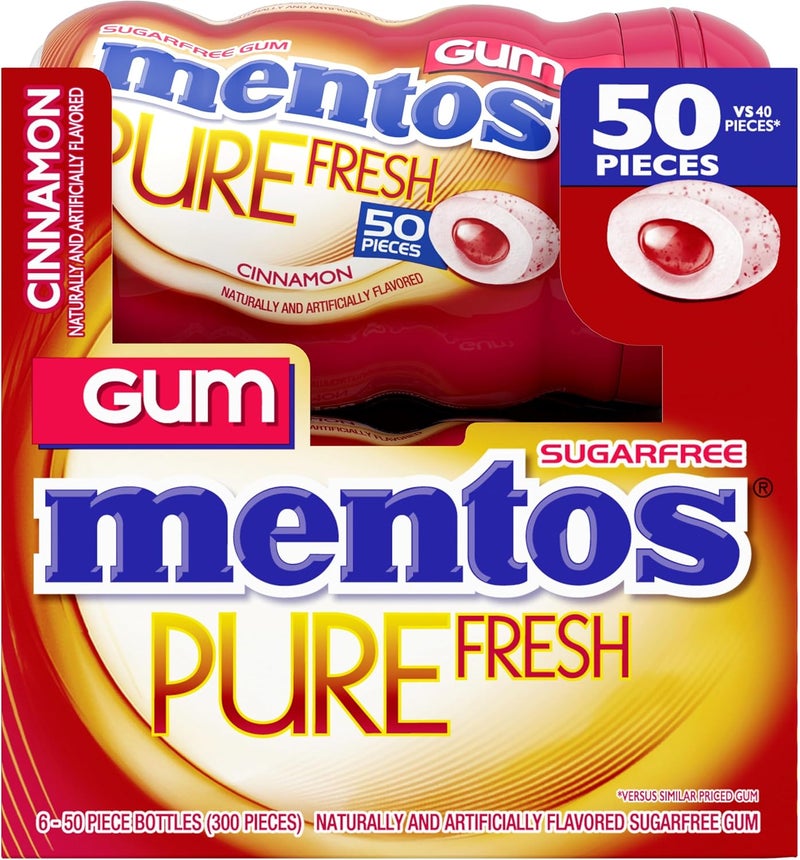 Mentos Pure Fresh Sugar-Free Chewing Gum with Xylitol, Cinnamon Flavor, 50 Pieces per Bottle, Pack of 6 - Image 5
