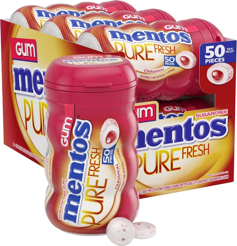 Mentos Pure Fresh Sugar-Free Chewing Gum with Xylitol, Cinnamon Flavor, 50 Pieces per Bottle, Pack of 6 - Image 1