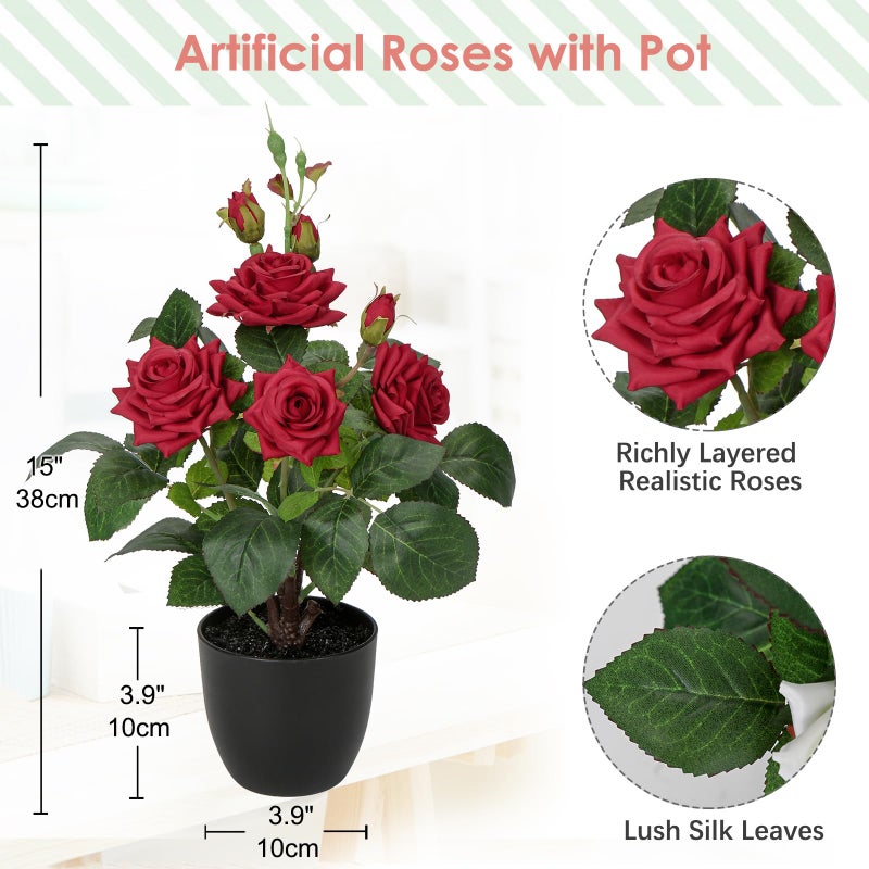 Hollyone Artificial Plants & Flowers in Vase Red Roses Artificial Flowers Potted Plant Faux Silk Flower with Black Pot Fake Rose Flower Arrangement Home Decor Bathroom Shelf Desk Decoration 15 Inch - Image 2