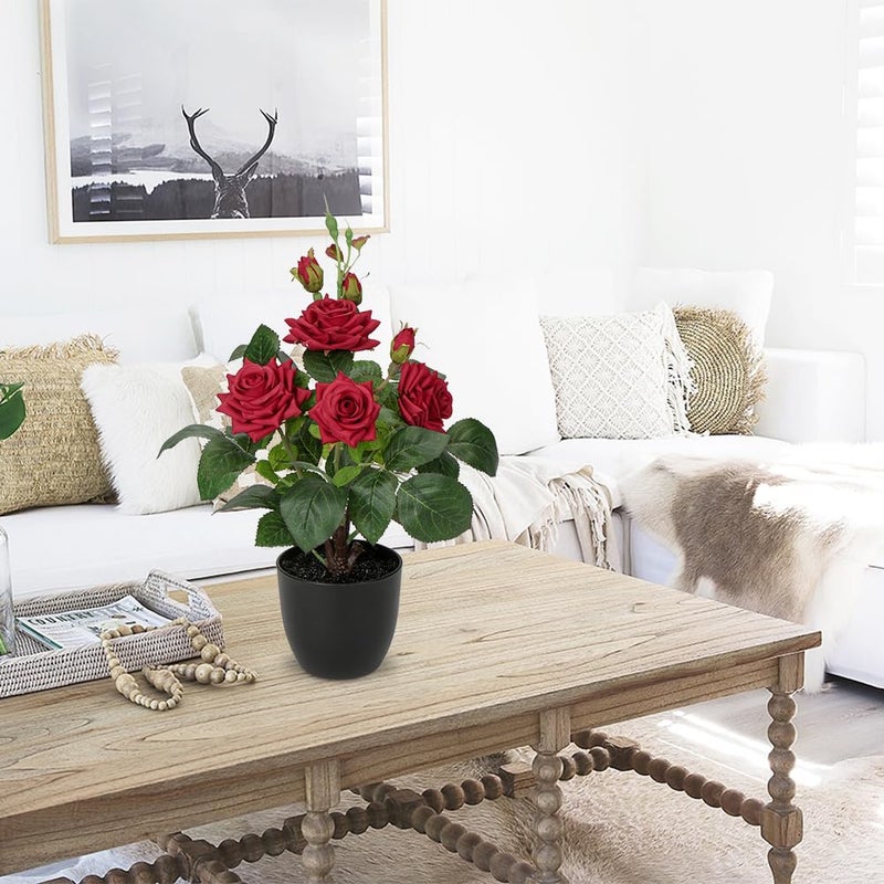 Hollyone Artificial Plants & Flowers in Vase Red Roses Artificial Flowers Potted Plant Faux Silk Flower with Black Pot Fake Rose Flower Arrangement Home Decor Bathroom Shelf Desk Decoration 15 Inch - Image 4