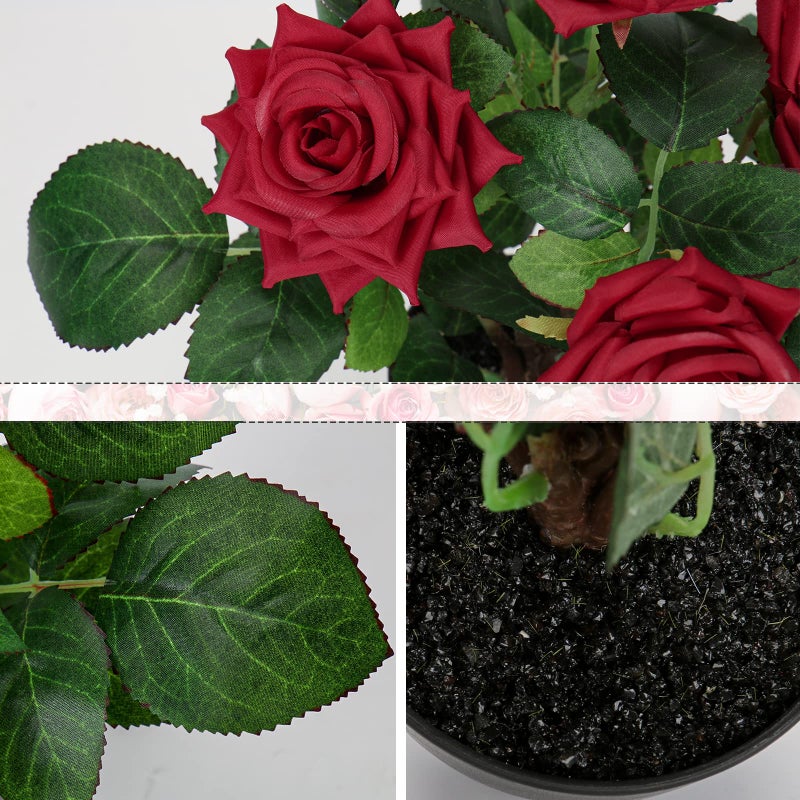 Hollyone Artificial Plants & Flowers in Vase Red Roses Artificial Flowers Potted Plant Faux Silk Flower with Black Pot Fake Rose Flower Arrangement Home Decor Bathroom Shelf Desk Decoration 15 Inch - Image 3