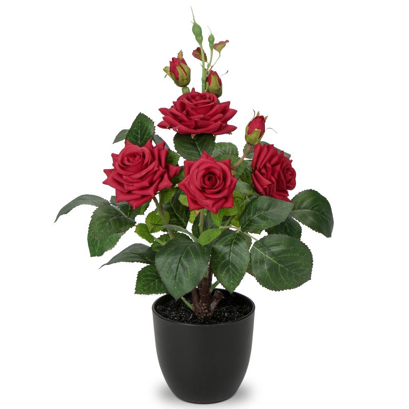 Hollyone Artificial Plants & Flowers in Vase Red Roses Artificial Flowers Potted Plant Faux Silk Flower with Black Pot Fake Rose Flower Arrangement Home Decor Bathroom Shelf Desk Decoration 15 Inch - Image 1