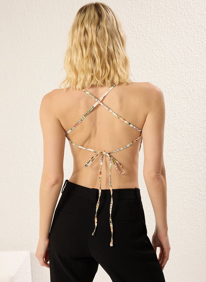trendyol Limited Edition Khaki Degaje Collar Back Tie Detail Crop Woven Blouse  - Image 5
