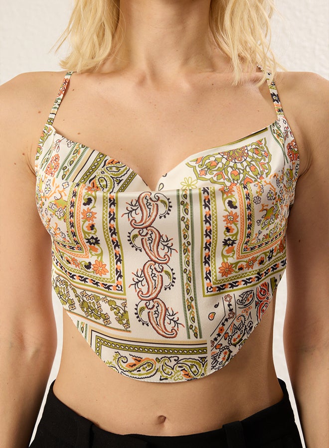 trendyol Limited Edition Khaki Degaje Collar Back Tie Detail Crop Woven Blouse  - Image 4
