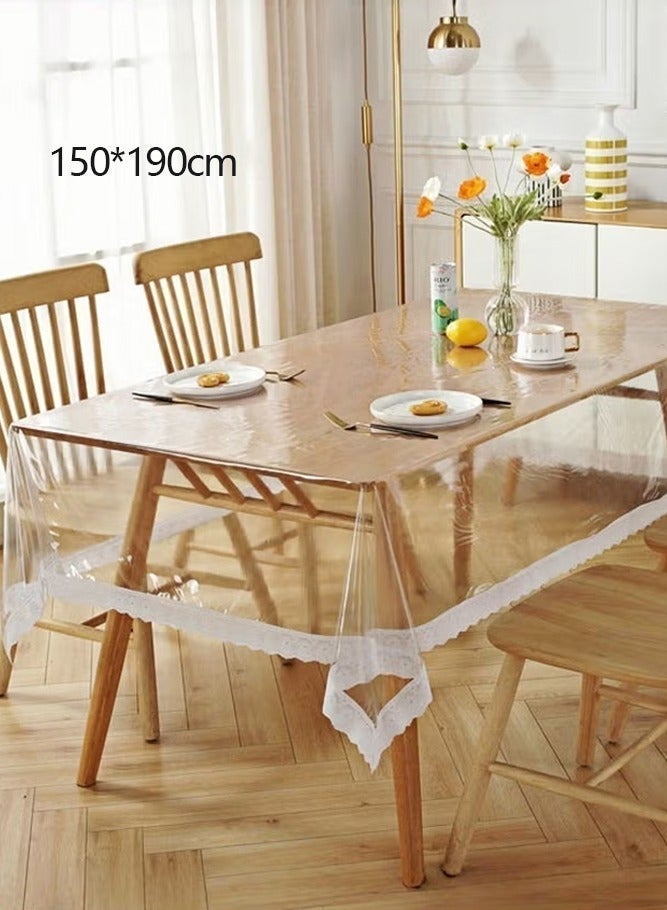 150cm*190cm Tablecloth, Transparent Lace Edge Premium PVC Waterproof and Oil Resistant Dining Table Cloth, Coffee Tablecloth, TV Tablecloth, 150cm * 190cm - Image 1