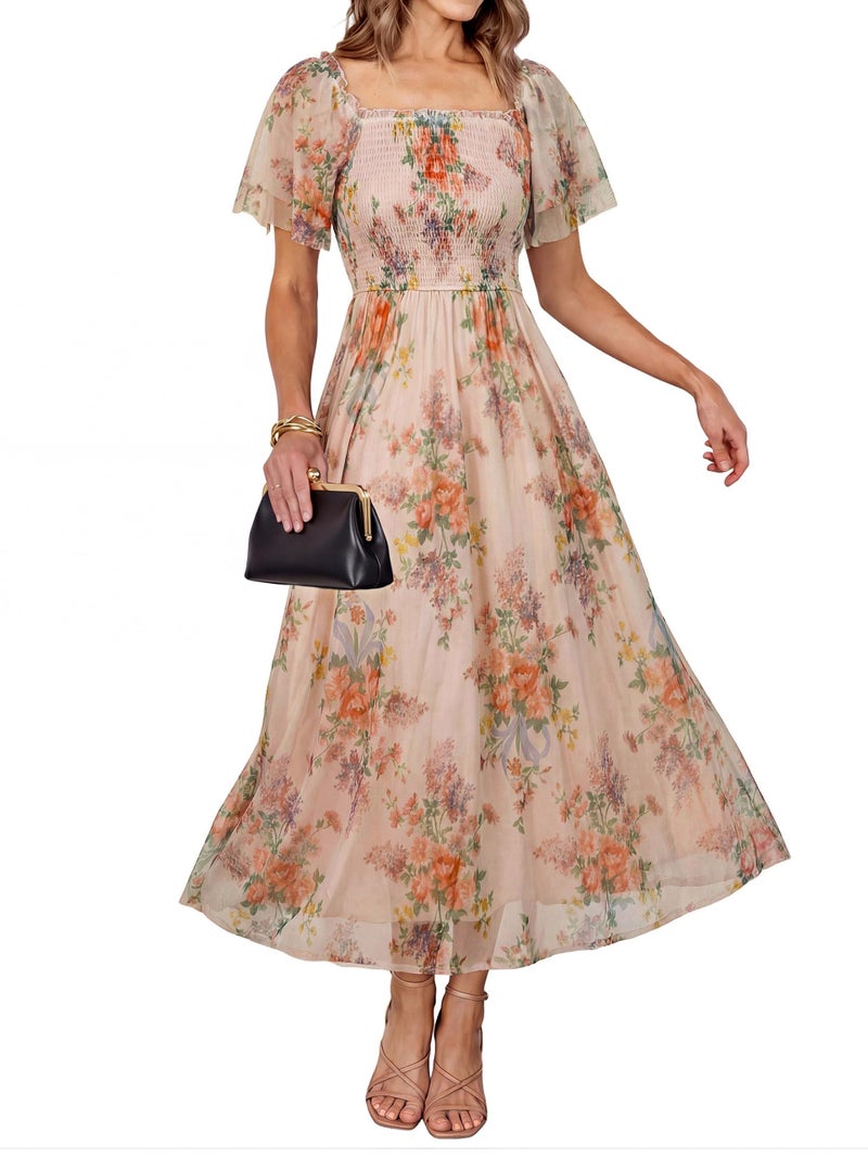 Simplee Womens Floral Maxi Dresses 2026 Summer Square Neck Mesh Short Sleeve Smocked Boho Flowy Wedding Guest Dress - Image 1