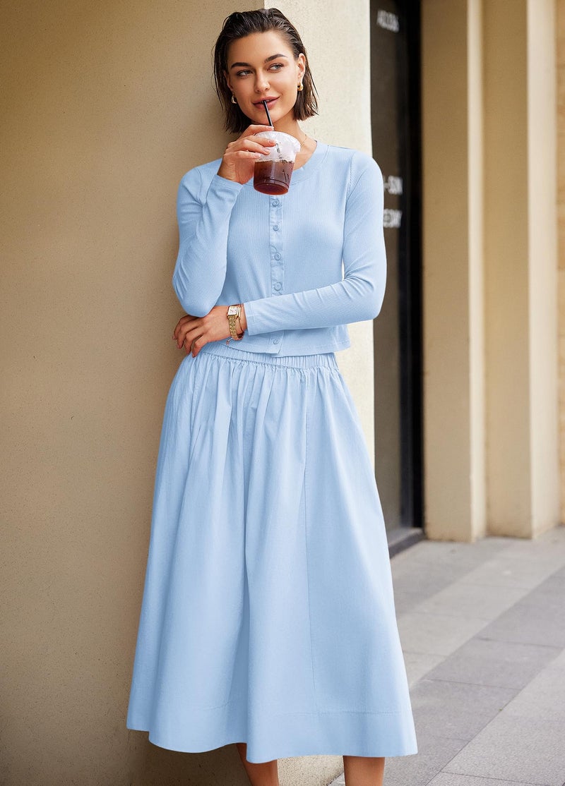 Panadila Womens 2 Piece Lounge Sets Matching Vacation Outfits Ribbed Button Down Cardigan and Elastic Waist Skirt Sets (Light Blue,S) - Image 3