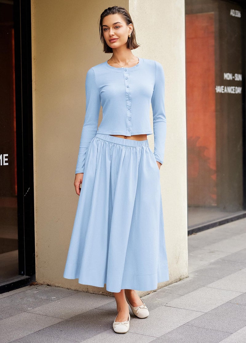 Panadila Womens 2 Piece Lounge Sets Matching Vacation Outfits Ribbed Button Down Cardigan and Elastic Waist Skirt Sets (Light Blue,S) - Image 5