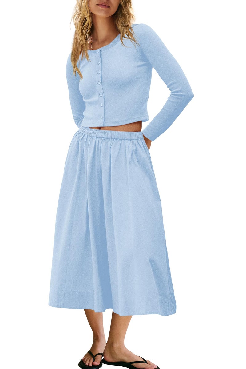 Panadila Womens 2 Piece Lounge Sets Matching Vacation Outfits Ribbed Button Down Cardigan and Elastic Waist Skirt Sets (Light Blue,S) - Image 1