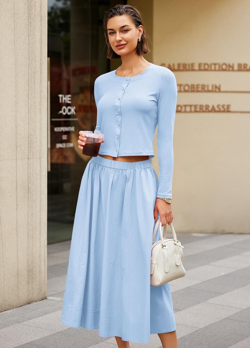 Panadila Womens 2 Piece Lounge Sets Matching Vacation Outfits Ribbed Button Down Cardigan and Elastic Waist Skirt Sets (Light Blue,S) - Image 4