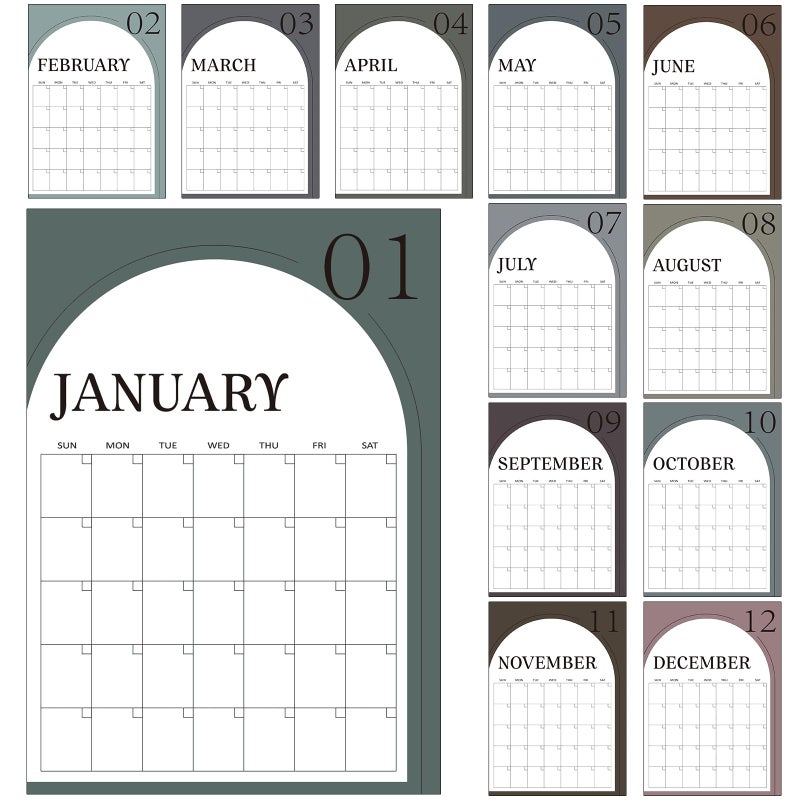 Fullhawl 12 Pcs Arch Undated Calendars 16â€˜'x 12â€˜' Large Erasable Wall Calendar 12 Month Dry Ease Reusable Planning Colorful Yearly Rainbow Blank Planner for Office Home Educational Study Room Back to First Day - Image 1