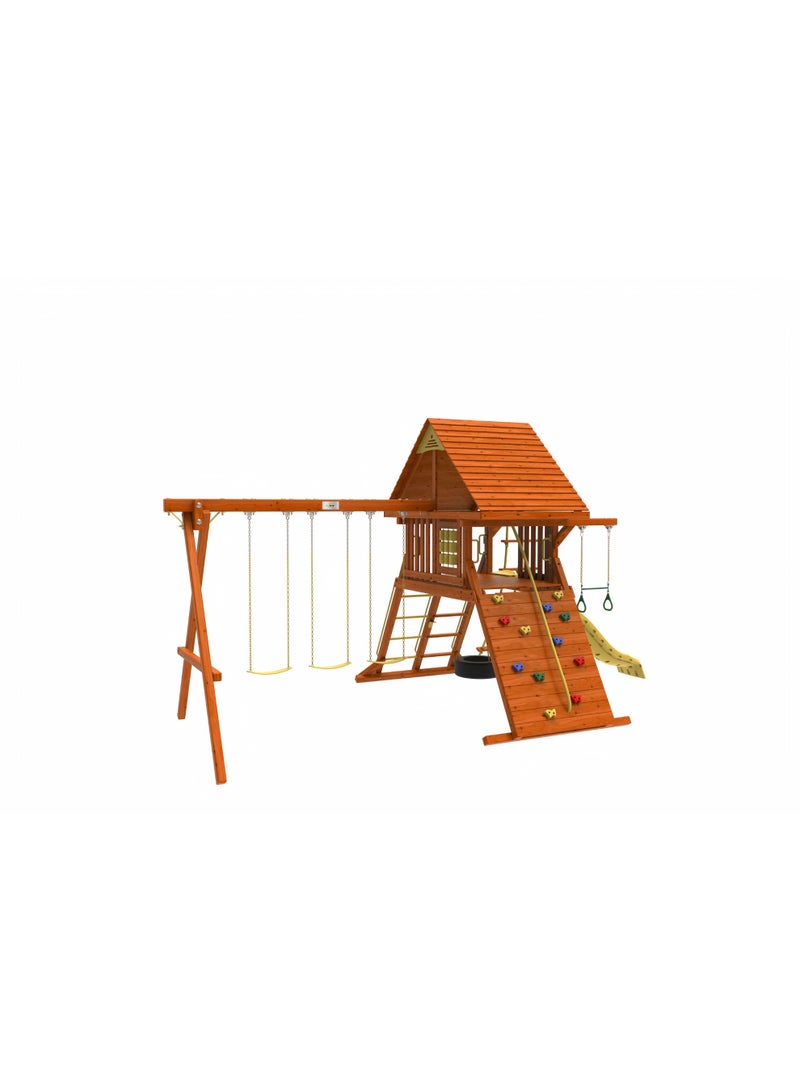 kiddoro مجموعة swings Kiddoro Discovery Den – بيت لعب خارجي مع أرجوحات، منزلق وجدار تسلق للأطفال - Image 1