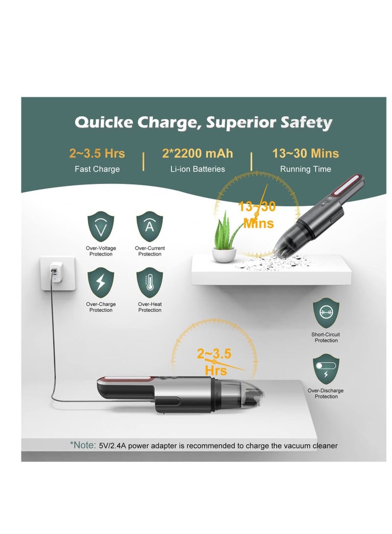 Excefore Portable Cordless Handheld Vacuum Cleaner, Strong Suction Car Vacuum Cordless Rechargeable Dust Buster, Mini Hand Held Vacuum Cleaner with LED, Hand Vacuum for Car, Home & Pet Hair - USB C - Image 4