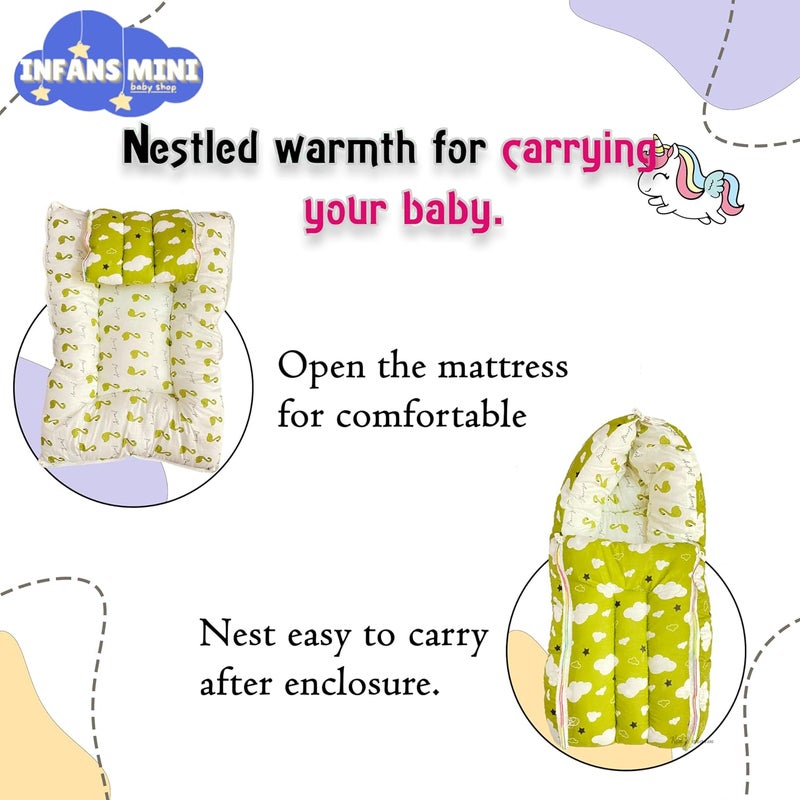 Infans Mini Cloud Mega 3 in 1 Babys Cotton Bed Cum Carry Bed Printed Baby Sleeping BagBaby BedInfant Portable for Unisex Easily Portable Light Weight Carry for New Born 48 Months Old Green - Image 3