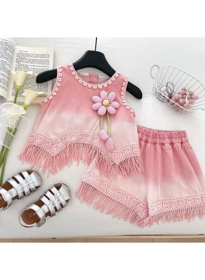 Ayada Home طقم جينز كاجوال للأطفال للفتيات، بلوزة بدون أكمام مع ظهر على شكل قوس + شورت بحواف مزخرفة - Image 3