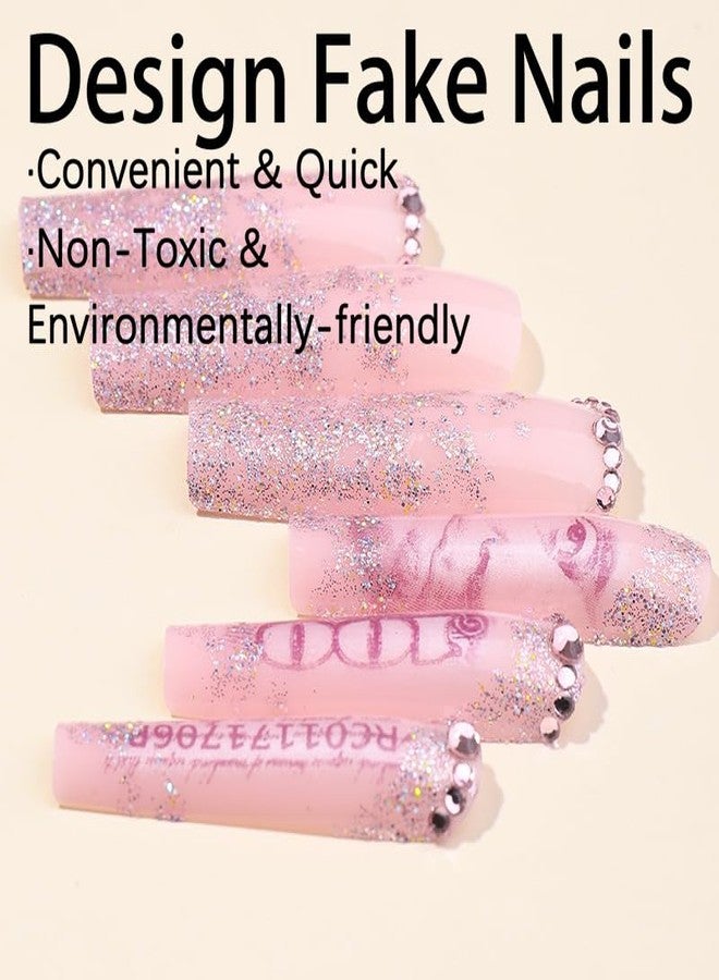 QQPPOLIU Long Press on Nails for Womoen Square Shape Nude Fake Nails with Rhinestones Design False Nails Glitter Press on Nails Extra Long Nails Money Patterns Full Cover XL Acrylic Nails 24 Pcs - Image 3