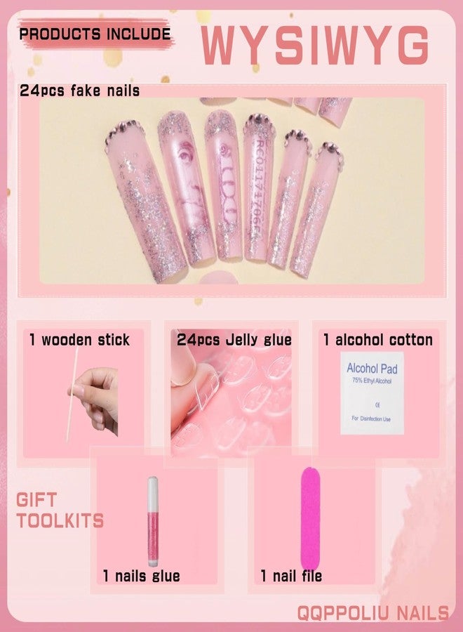 QQPPOLIU Long Press on Nails for Womoen Square Shape Nude Fake Nails with Rhinestones Design False Nails Glitter Press on Nails Extra Long Nails Money Patterns Full Cover XL Acrylic Nails 24 Pcs - Image 2