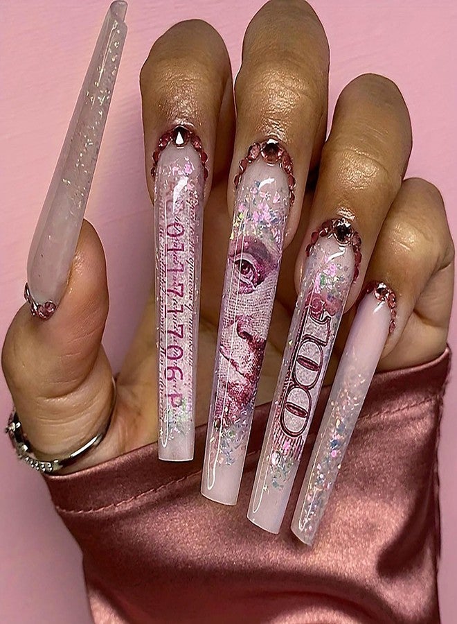 QQPPOLIU Long Press on Nails for Womoen Square Shape Nude Fake Nails with Rhinestones Design False Nails Glitter Press on Nails Extra Long Nails Money Patterns Full Cover XL Acrylic Nails 24 Pcs - Image 1