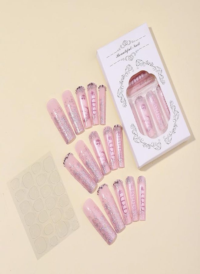 QQPPOLIU Long Press on Nails for Womoen Square Shape Nude Fake Nails with Rhinestones Design False Nails Glitter Press on Nails Extra Long Nails Money Patterns Full Cover XL Acrylic Nails 24 Pcs - Image 4