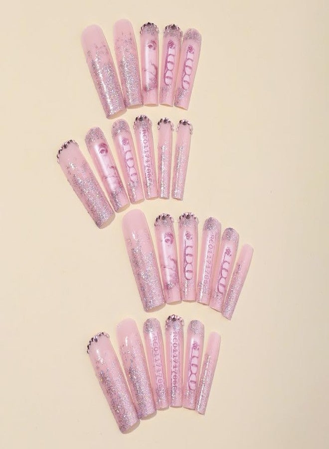 QQPPOLIU Long Press on Nails for Womoen Square Shape Nude Fake Nails with Rhinestones Design False Nails Glitter Press on Nails Extra Long Nails Money Patterns Full Cover XL Acrylic Nails 24 Pcs - Image 5