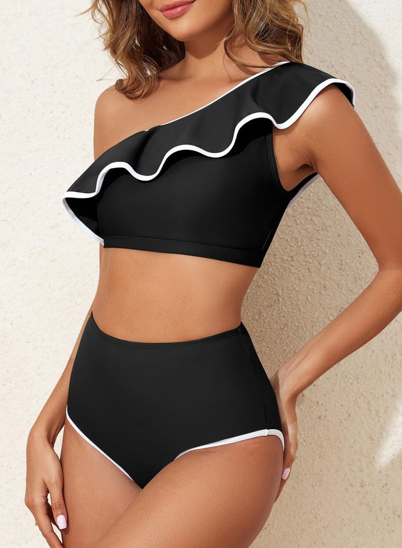 Herseas Womens Black Bikini Sets One Shoulder Color Block Trimmed Ruffle Hem Tummy Control Swim Suit Flattering Bathing Suit Casual Hawaiian Travel Outfits Beach Swimwear Medium - Image 2
