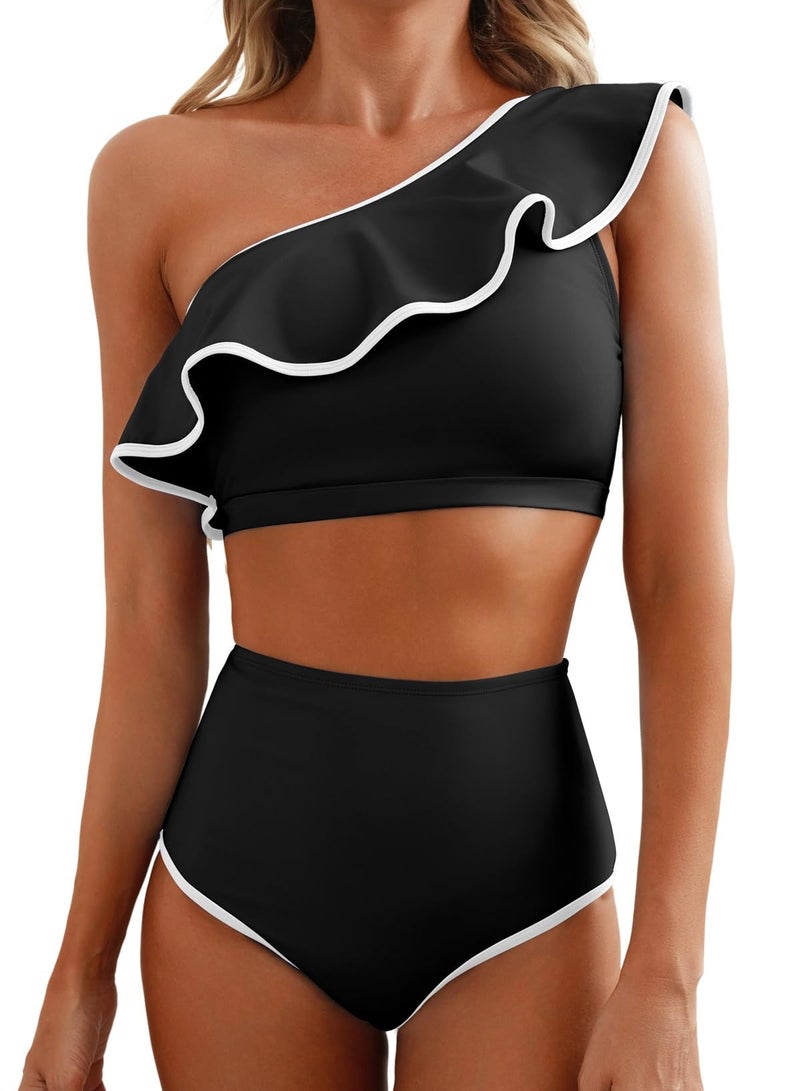 Herseas Womens Black Bikini Sets One Shoulder Color Block Trimmed Ruffle Hem Tummy Control Swim Suit Flattering Bathing Suit Casual Hawaiian Travel Outfits Beach Swimwear Medium - Image 1