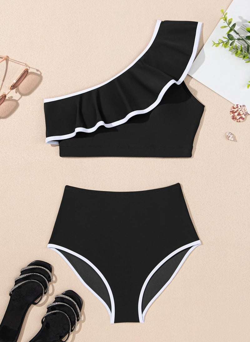 Herseas Womens Black Bikini Sets One Shoulder Color Block Trimmed Ruffle Hem Tummy Control Swim Suit Flattering Bathing Suit Casual Hawaiian Travel Outfits Beach Swimwear Medium - Image 5
