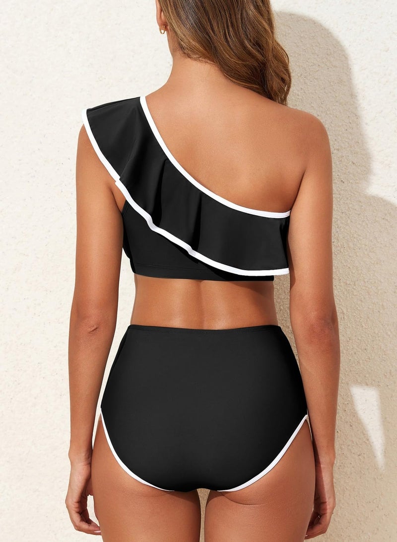 Herseas Womens Black Bikini Sets One Shoulder Color Block Trimmed Ruffle Hem Tummy Control Swim Suit Flattering Bathing Suit Casual Hawaiian Travel Outfits Beach Swimwear Medium - Image 3