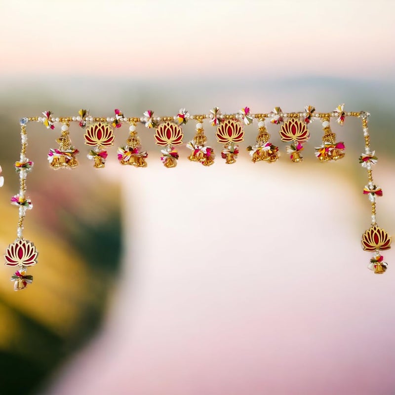 NARYA TRADITIONAL Narya Traditional Toran with Wooden Lotus FolwersGolden BellsMogara Flowers Size 3 FeetToran 133  - Image 1