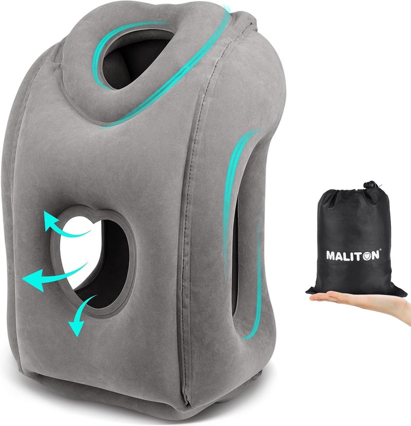Maliton وسادة سفر قابلة للنفخ للطائرة نوم مريح لتخفيف آلام الرقبة والكتف، دعم الرأس وسادة قابلة للنفخ للرحلات الطويلة، تستخدم للطائرات، السيارات، القطارات (رمادي داكن) - Image 1
