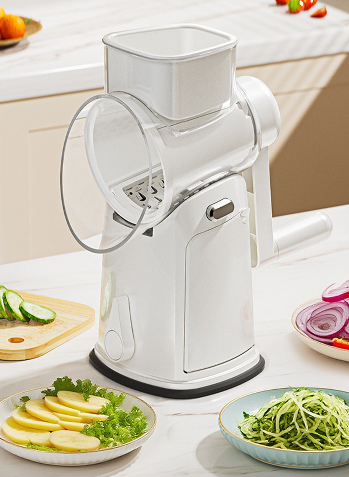 Kitchen vegetable slicer (equipped with 6 white blades), potato vegetable slicer with manual crank table, grinder with handle for kitchen rotation, vegetable slicer, cheese grinder