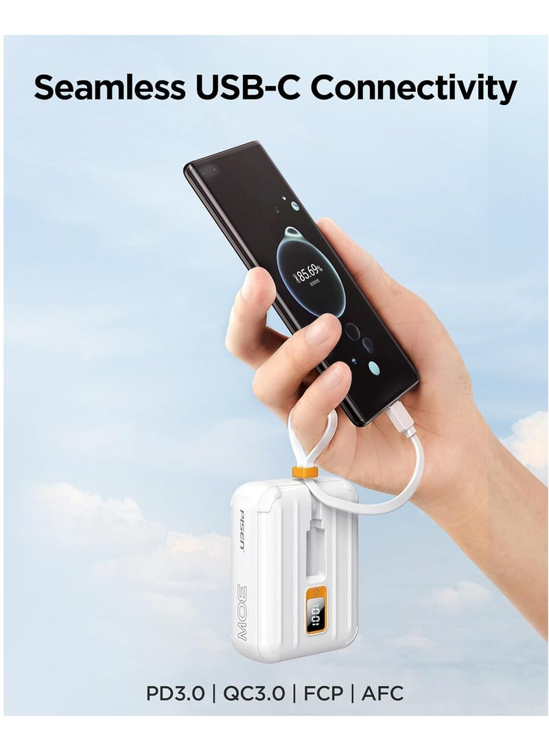 Pisen 10000mAh Portable Power Bank - Fast Charger with Built-in USB Cables, 30W High Speed Charging USB C Battery Pack, Mini LED Display Powerbank for iPhone 16/15/14/13/12 Pro/Pro Max/Plus Samsung and Other Devices - Image 3