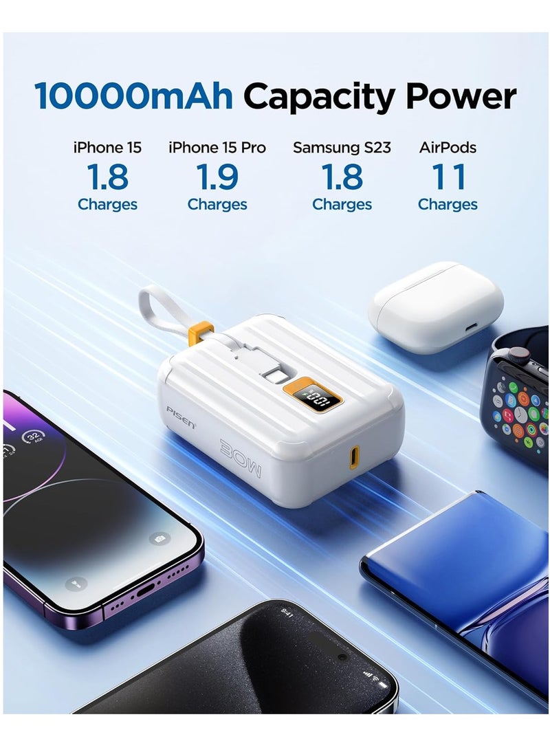 Pisen 10000mAh Portable Power Bank - Fast Charger with Built-in USB Cables, 30W High Speed Charging USB C Battery Pack, Mini LED Display Powerbank for iPhone 16/15/14/13/12 Pro/Pro Max/Plus Samsung and Other Devices - Image 2