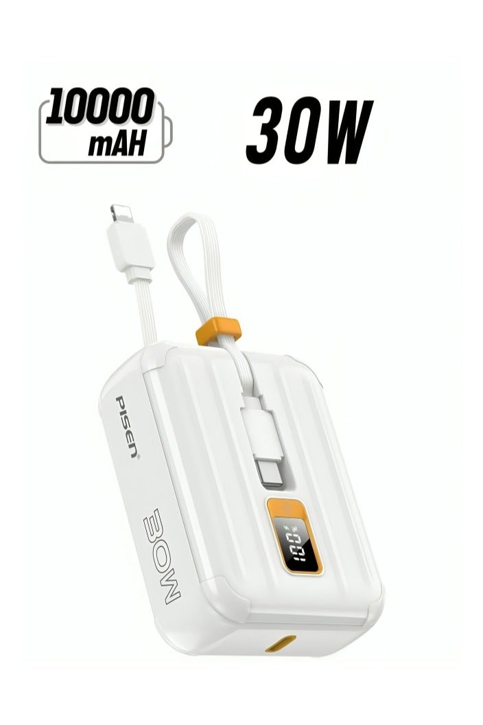 Pisen 10000mAh Portable Power Bank - Fast Charger with Built-in USB Cables, 30W High Speed Charging USB C Battery Pack, Mini LED Display Powerbank for iPhone 16/15/14/13/12 Pro/Pro Max/Plus Samsung and Other Devices - Image 1